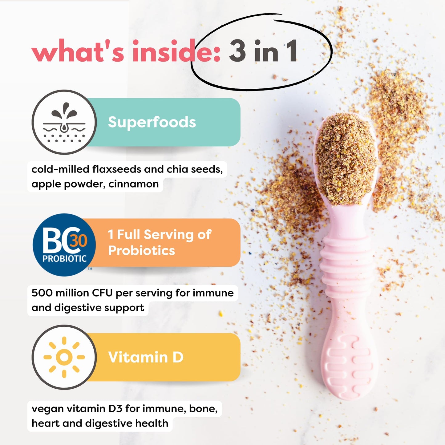 Organic Milled Chia & Flax Seed Digestion Blend With Vitamin D + Probiotics Prebiotic Fiber Superseeds For 6M+ Babies Toddlers &