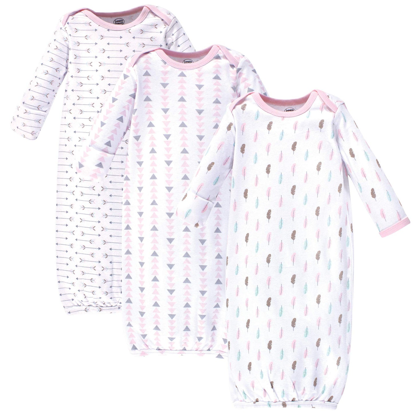 Luvable Friends Unisex Baby Infant Cotton Gowns, Girl Feathers, Preemie-Newborn