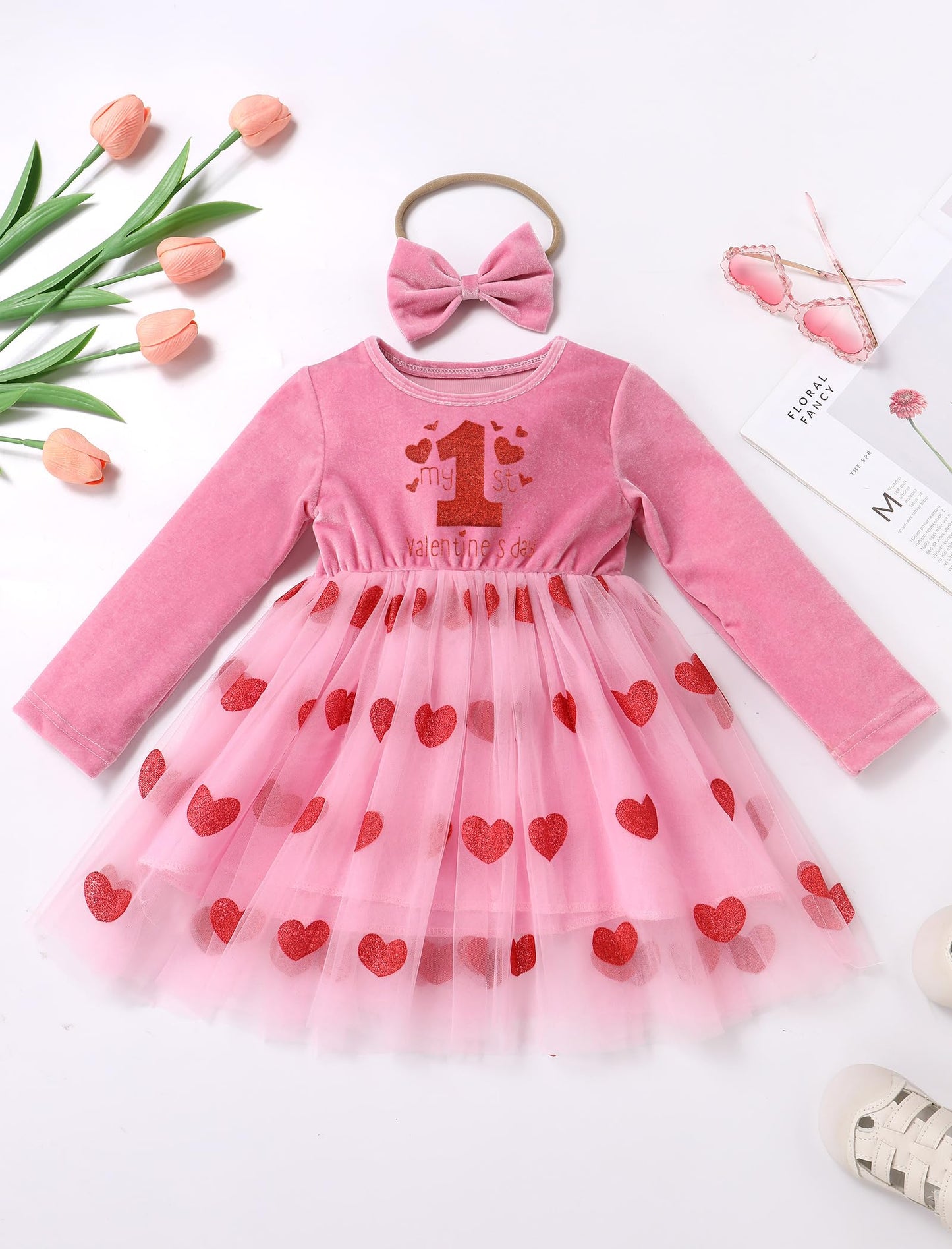 Imekis First Valentines Day Baby Girl Outfit: Toddler Valentines Day Dress Tulle Heart Velvet Long Sleeve Birthday Dress Smash C