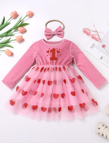 Imekis First Valentines Day Baby Girl Outfit: Toddler Valentines Day Dress Tulle Heart Velvet Long Sleeve Birthday Dress Smash C