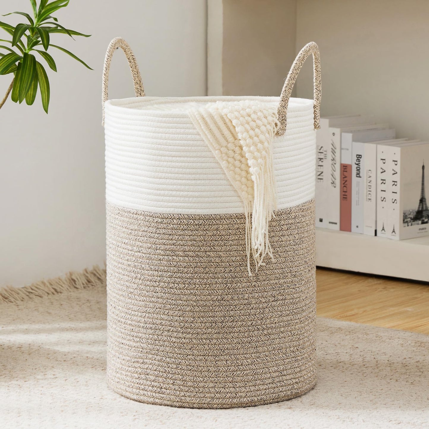 Youdenova Cotton Rope Laundry Hamper Basket, 58L Tall Woven Collapsible Baskets For Blanket Organizing Clothes Hamper For Laundr