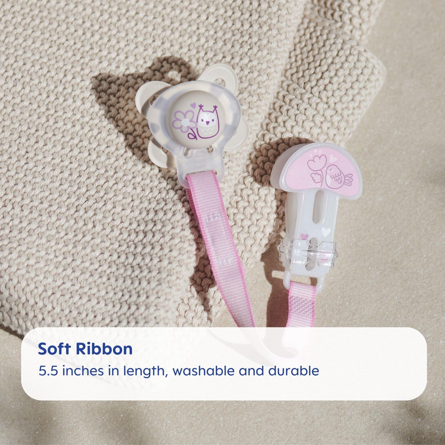 Mam Pacifier Clips For Baby Girls With Fasteners And Flexible Rings, Designs May Vary, 2 Count