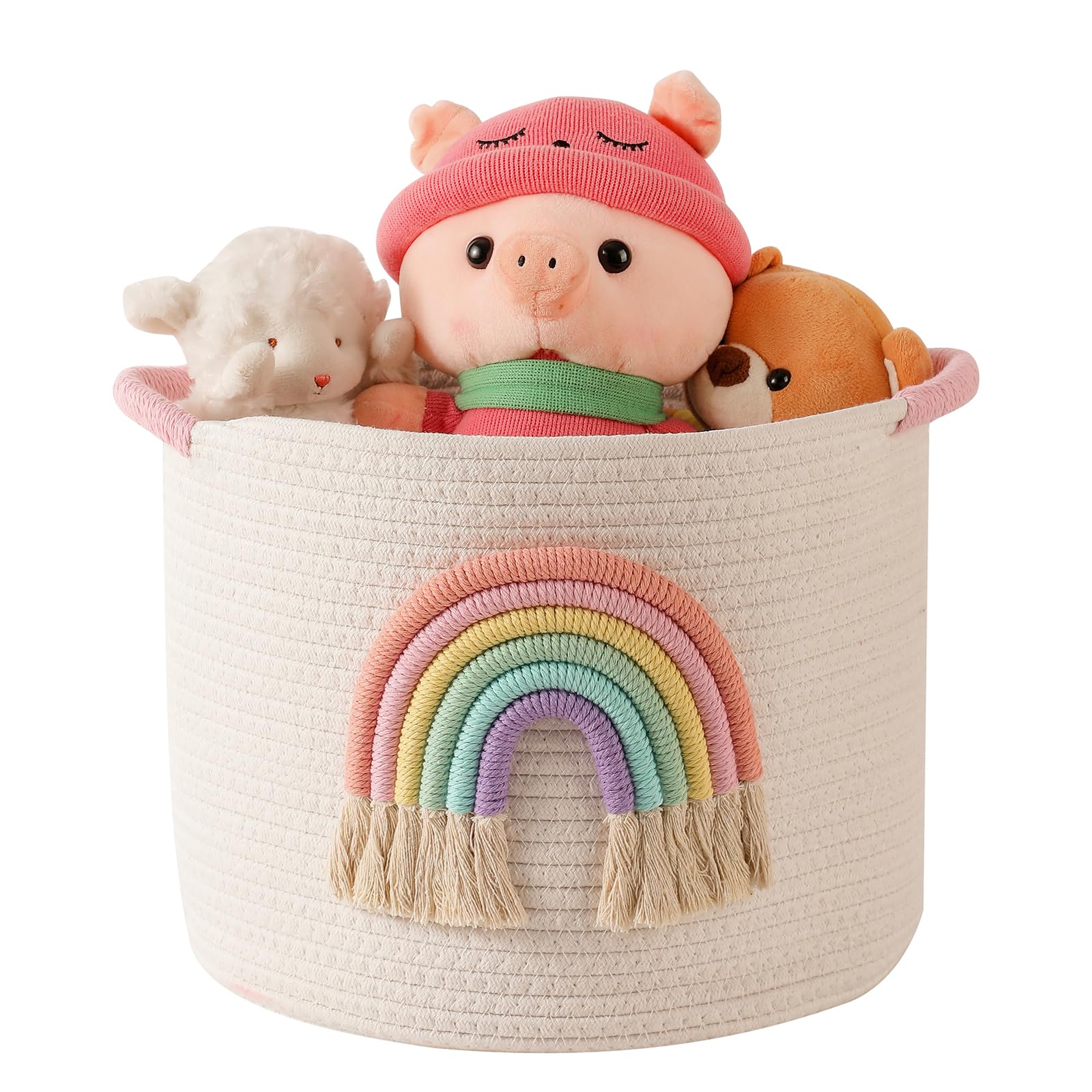 Inough Toy Storage Baskets Woven Cotton Rope Storage Basket With Rainbow Decor For Kids, Blanket Baskets For Living Room Toys Or