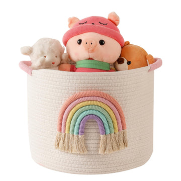 Inough Toy Storage Baskets Woven Cotton Rope Storage Basket With Rainbow Decor For Kids, Blanket Baskets For Living Room Toys Or
