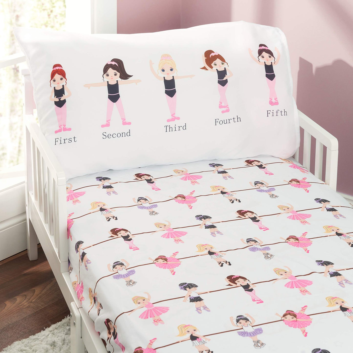 Everyday Kids 3-Piece Toddler Fitted Sheet, Flat Sheet And Pillowcase Set - Born To Dance Ballerina - Soft Breathable Microfiber
