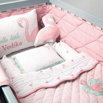 MASILO Organic Cotton Crib Set  Flamingo Theme  Complete Baby Bedding Bundle: Blanket, Pillow, Bolster, Fitted Sheet, Toy  So