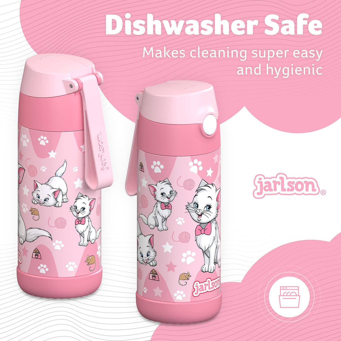Jarlson Kids Water Bottle With Straw - Charli - Insulated Stainless Steel Water Bottle - Thermos - Girlsboys (Cat Star, 12 Oz)