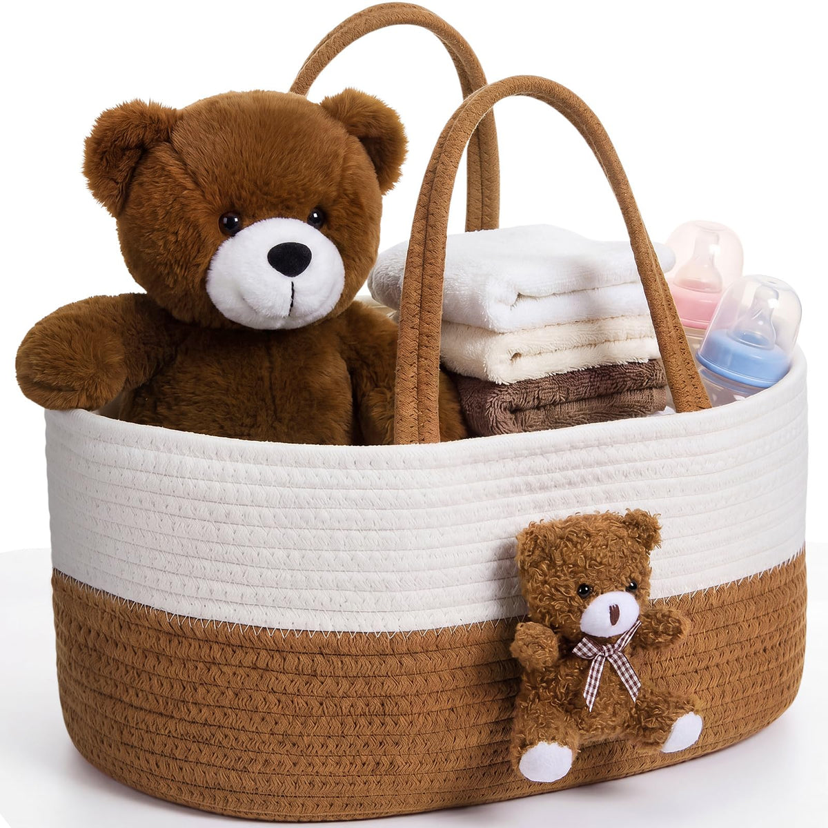 FoldTier Diaper Caddy Organizer Teddy Bear Basket for Nursery with Handle Baby Shower Storage Bin Portable Cotton Rope Gift Bag 