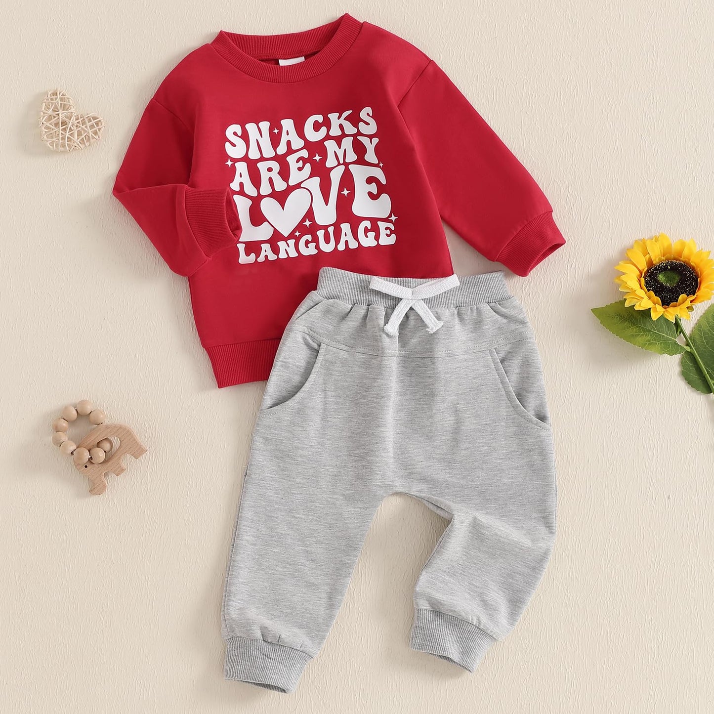 Nokpsedcb Baby Boy Girl Cute Letter Embroidery Long Sleeve Sweatshirt And Elastic Long Pants Toddler Valentine Outfits (Red Snac