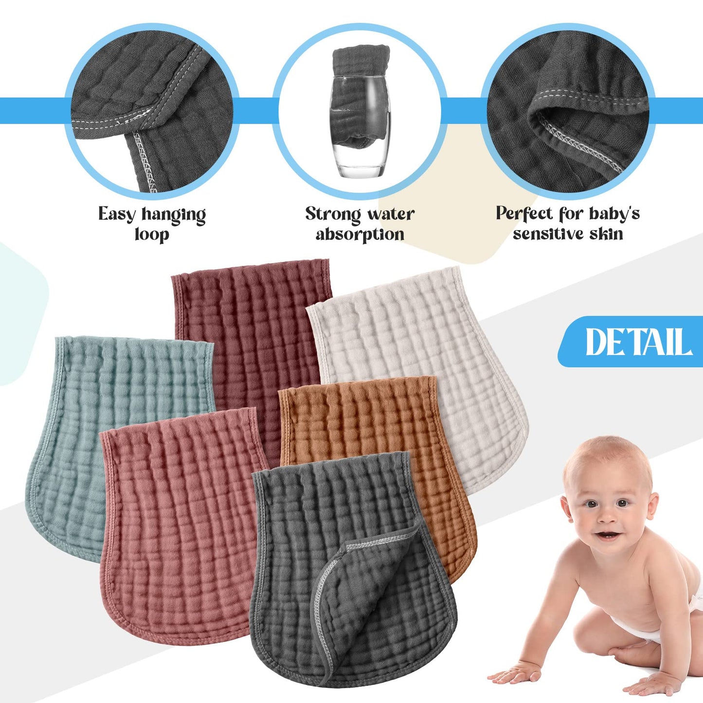 Frienda 6 Pack Muslin Burp Cloths Cotton Large 20x 9 Extra Absorbent and Soft Baby Burping Cloth for Baby Boy Girl Unisex(Fr