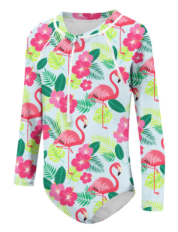 Uideazone Girls Rash Guard Swimsuit 3D Printed Flamingo One Piece Bathing Suit With Zipper Long Sleeve Swimwear For Swimming Poo