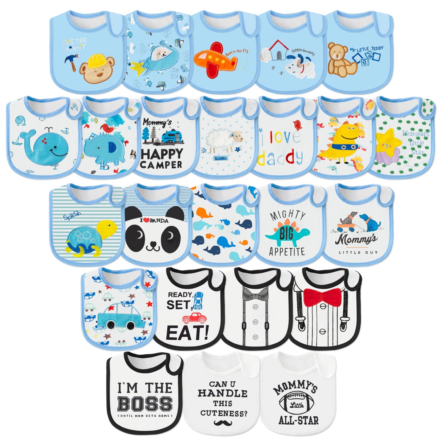 2ooya Cotton Waterproof Baby Bibs - 24Pcs Blue Adjustable Hook Loop Closure Infant Bib Newborn Babies Food Bibs Keepsake Baby Gi