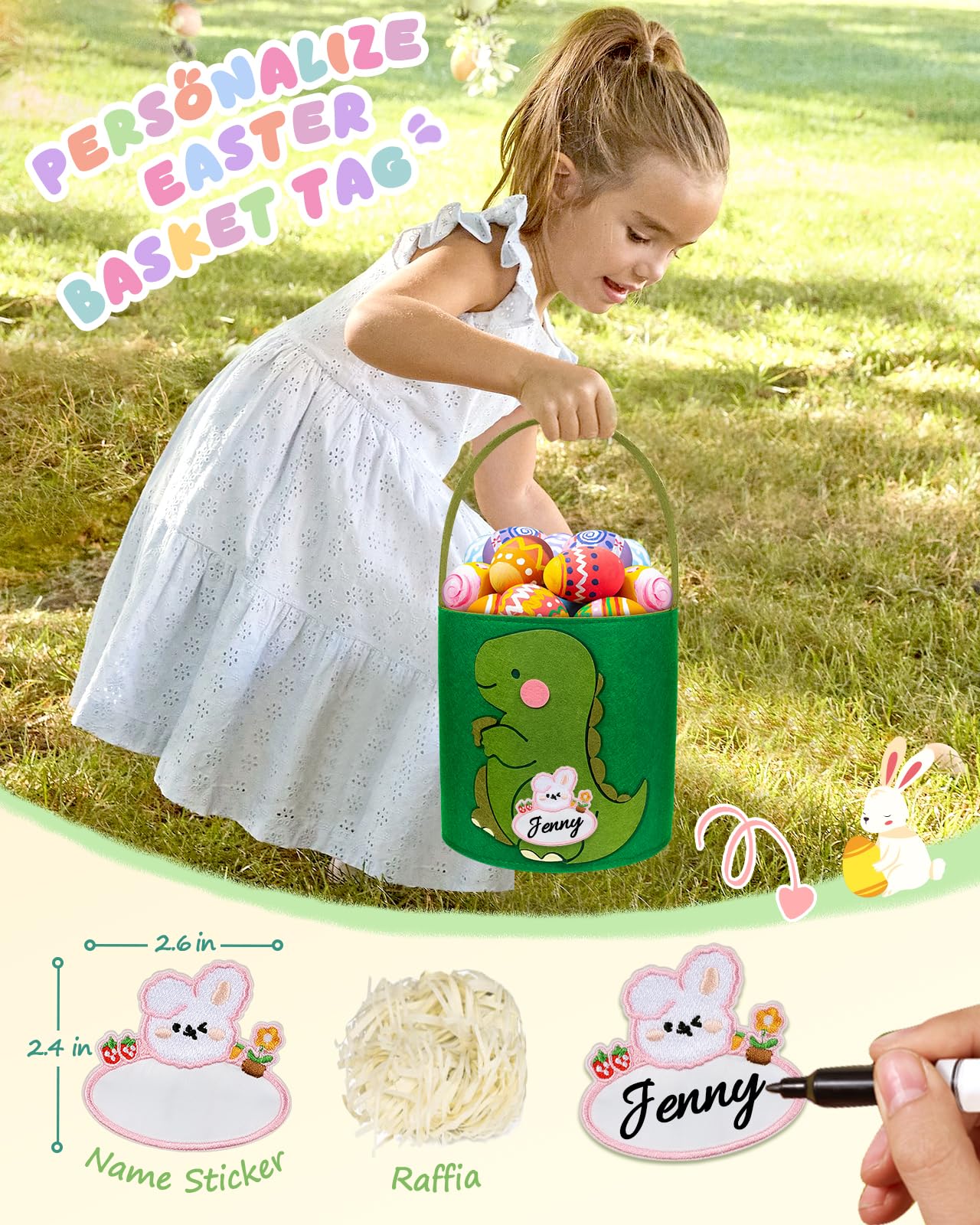 Jmhachy Cute Themed Easter Basket - Large Empty Felt Basket With Handle And Detachable Wings, Personalized Name Tag Patch, Perfe