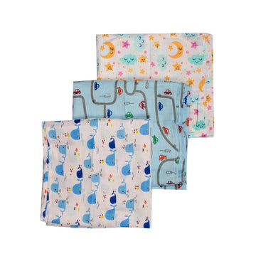 mittenbooty 100% Cotton Muslin Baby Swaddle Wraps Pack of 3Car, Moon & Whale Print