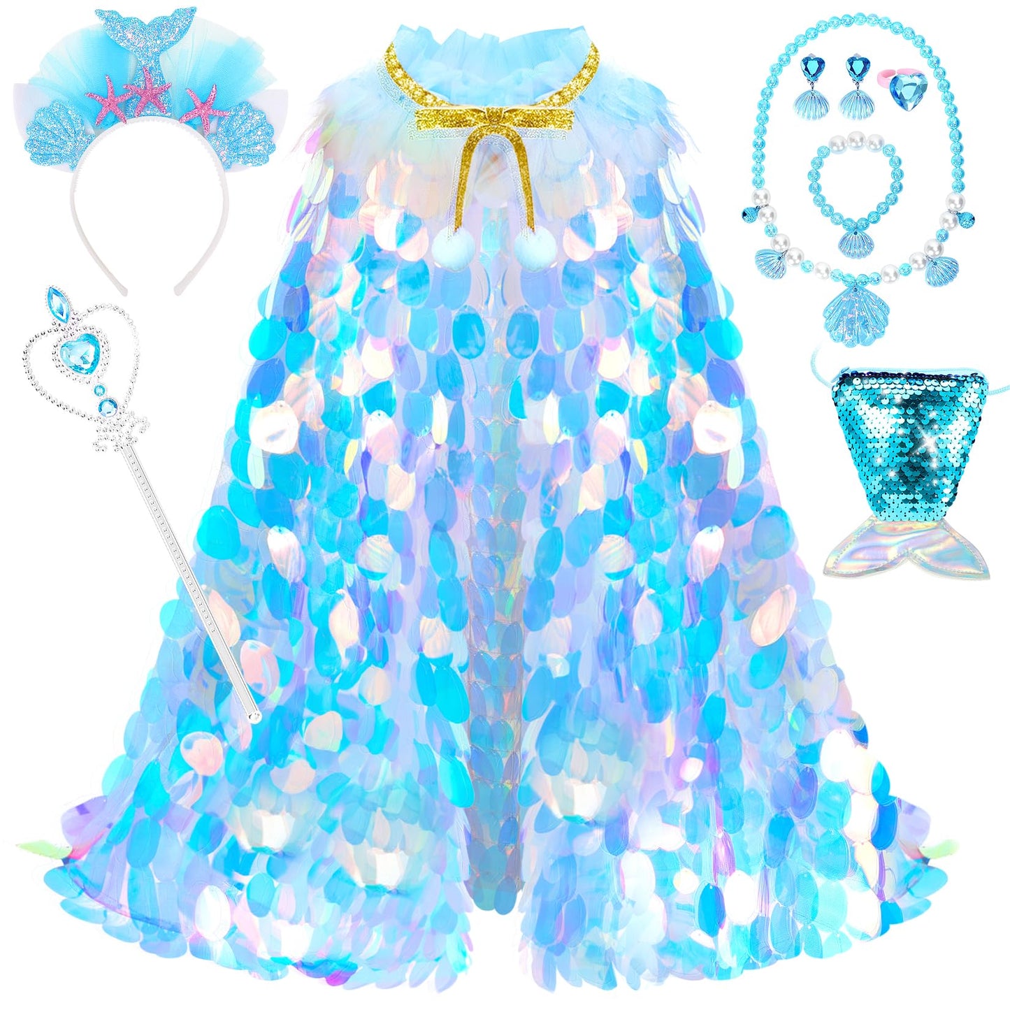 Limiroler Princess Dress Up Toys Princess Dress Up Clothes Rainbow Mermaid Cape Kit 9 Pcs Gift Set For Little Girls 3-8 Years Ol