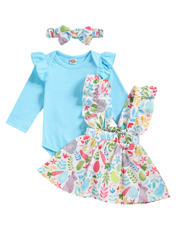 Infant Baby Girl Easter Outfit Long Sleeve Romper Bunny Suspender Skirt First Easter Clothes Sets Blue