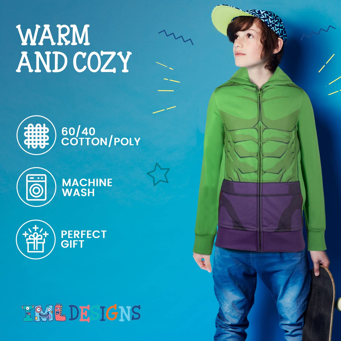 Marvel Avengers Boys Zip-Up Hooded Cosplay Sweatshirt, Black Panther, Hulk, Or Miles Morales Spider-Man (Hulk, Size 10/12)