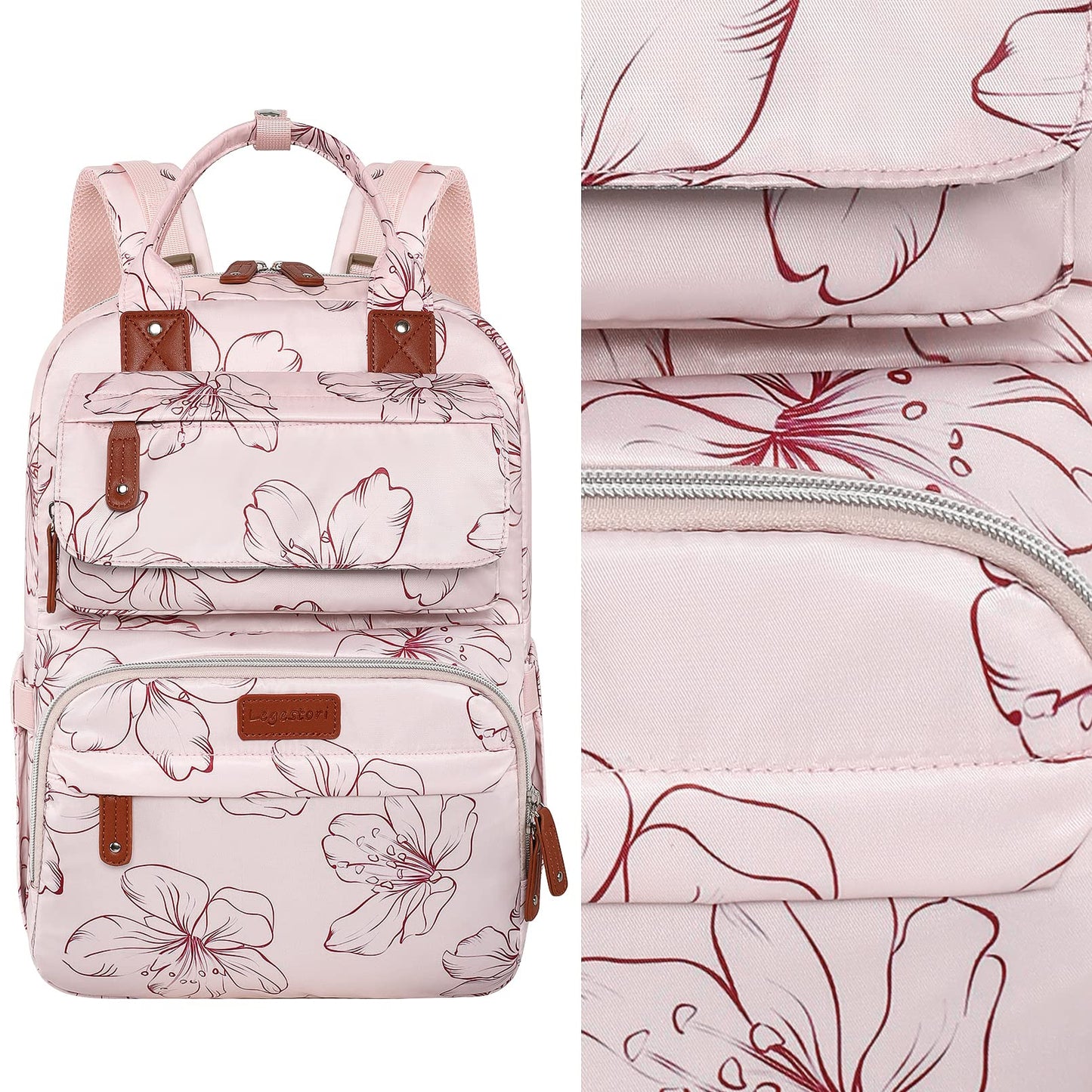 Legestori Floral Printed Diaper Backpack For Moms - Large Pink Bag With Insulated Pockets And Stroller Straps For Baby Girls