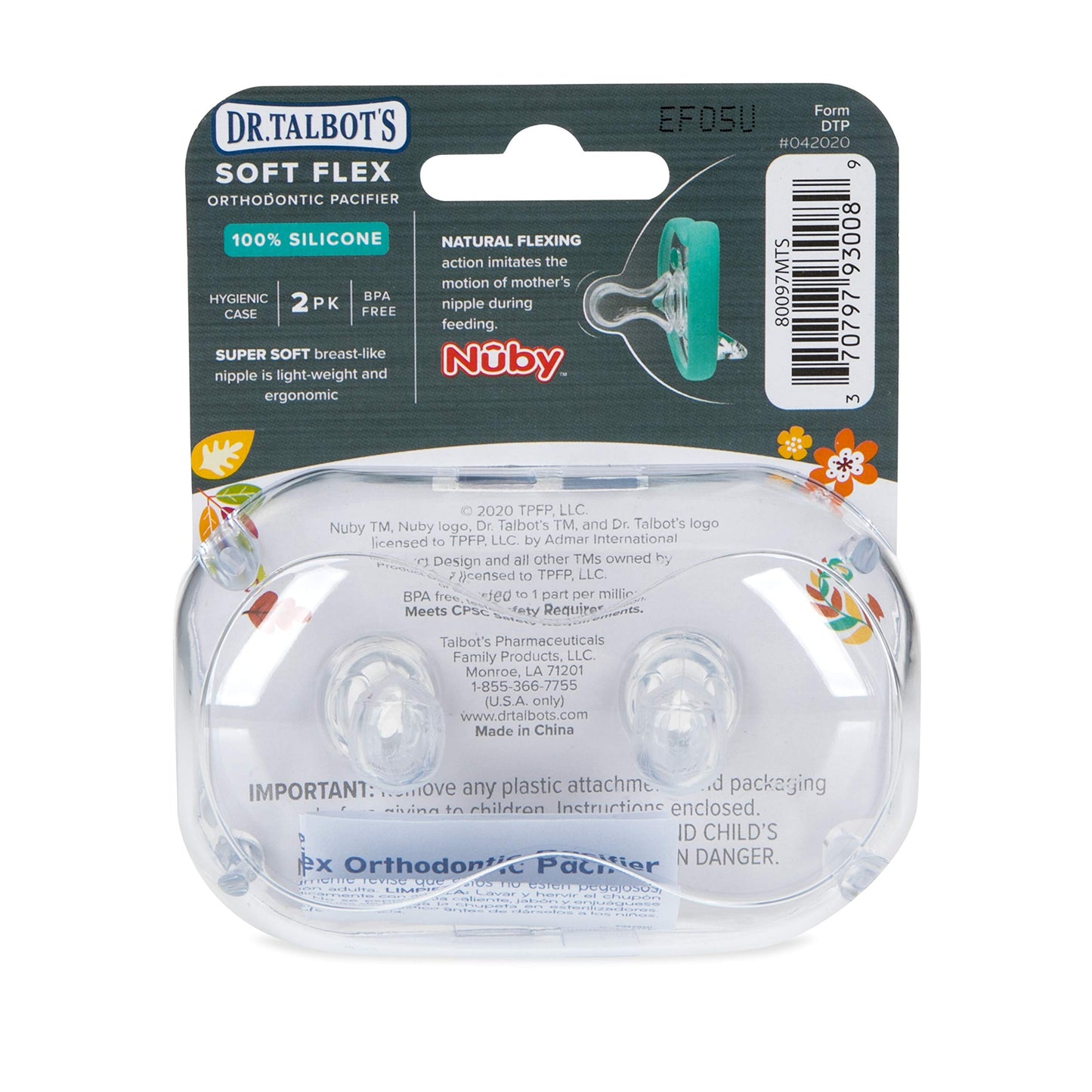 Dr. Talbot'S Soft-Flex Orthodontic Pacifiers 6-12 Months, Aqua/White, 2 Pack