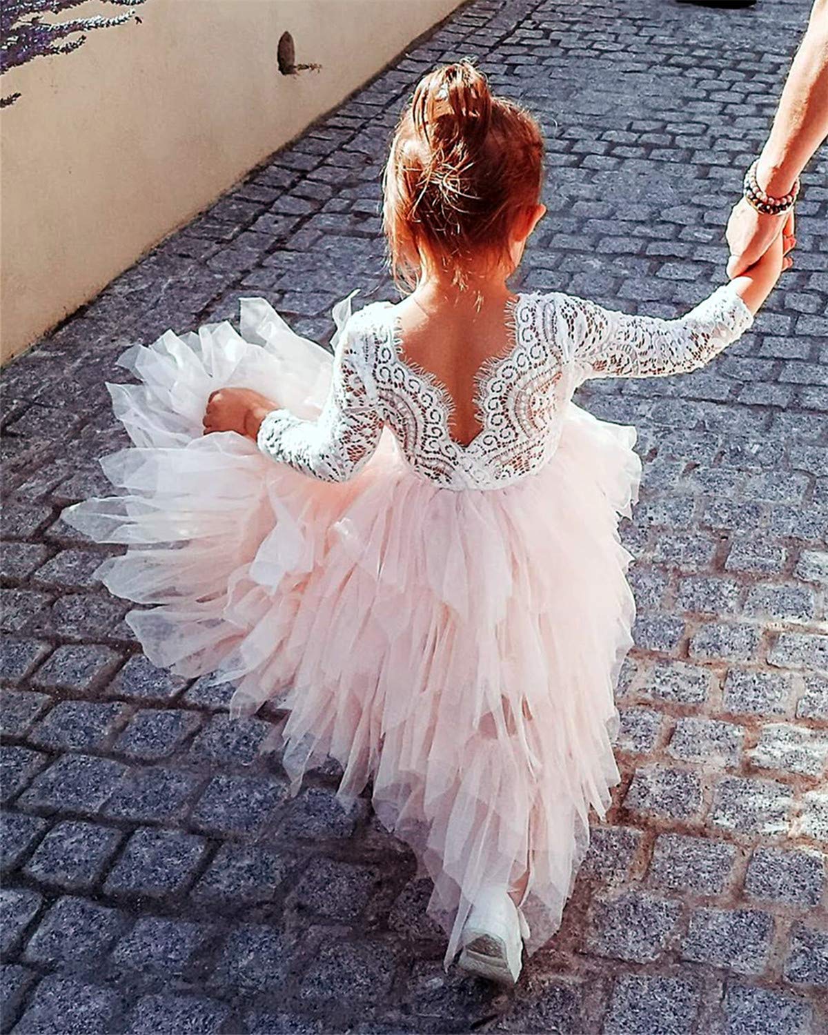 2Bunnies Girl Peony Lace Back A-Line Tiered Tutu Tulle Flower Girl Dress (Pink Long Sleeve Maxi, 9-10Yrs)