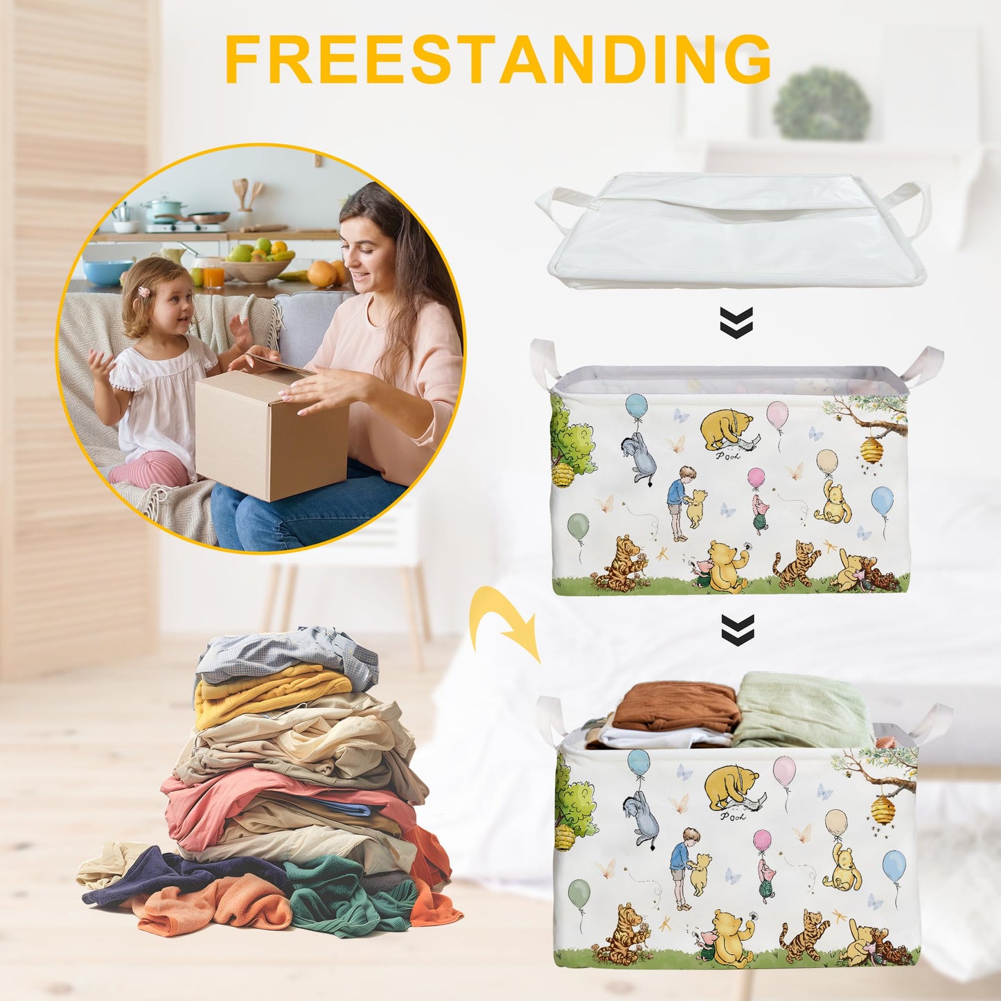 Zsatuiy Winnie Baby Stuff,Winnie Storage Nursery Basket, Large Squarecanvas Laundry Hamper With A Waterproof Pecoating, Foldable
