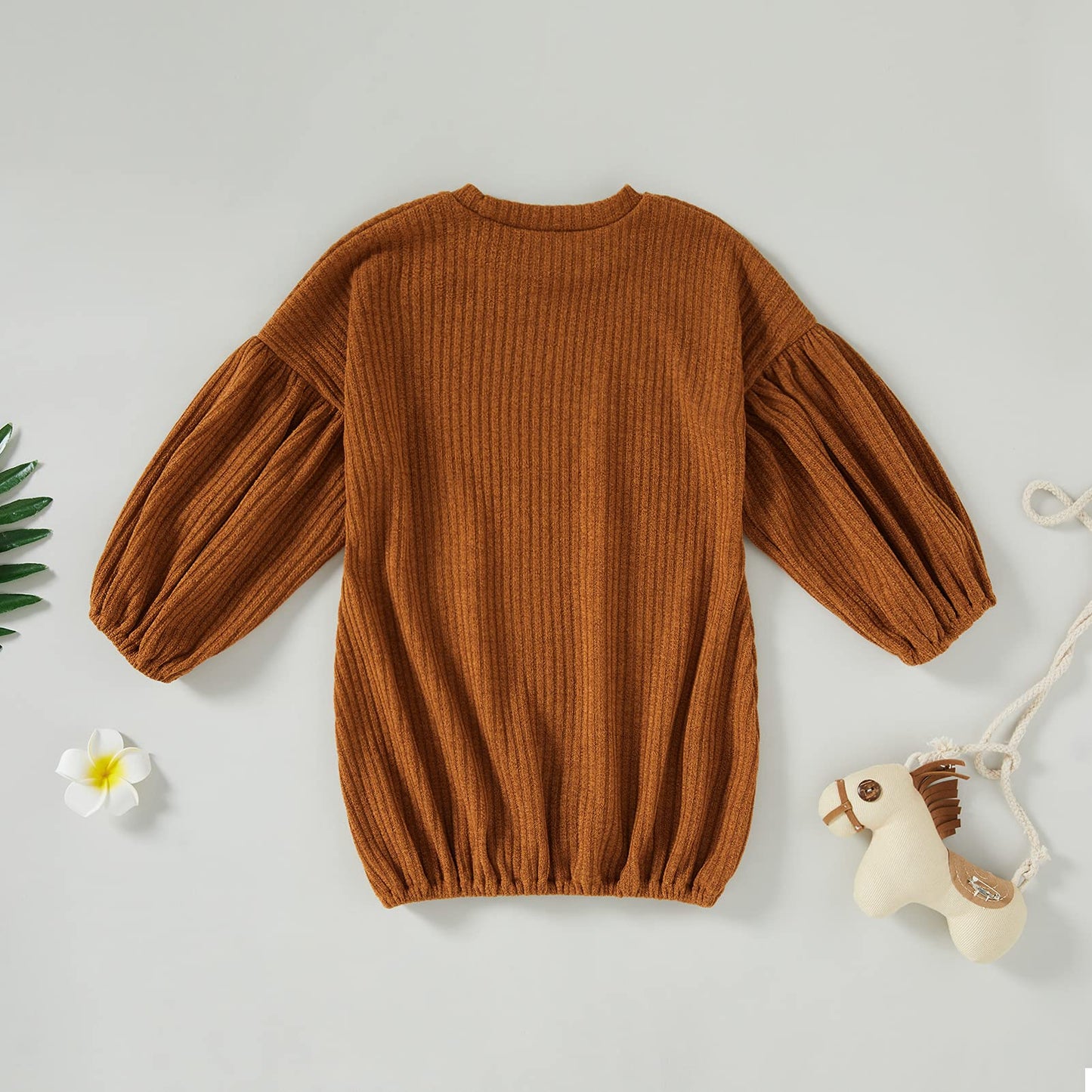 Baby Girls Loose Long Lantern Sleeve Knit Sweater Fall Winter Warm Crewneck Pullover Tops Outfits Clothes Brown, 2-3T