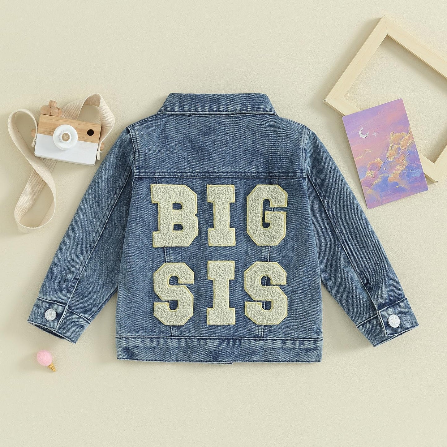 Visgogo Toddler Baby Girl Jacket Big Sis Matching Set Embroidery Jean Long Sleeve Cardigan Button Denim Coat (Blue-Big Sis, 18-2