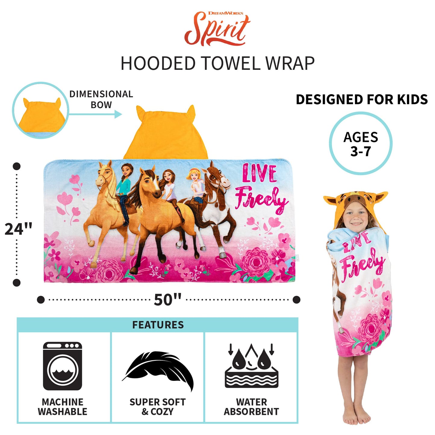 Franco Kids Bath Hooded Towel Wrap, 24 In X 50 In, Dreamworks Spirit