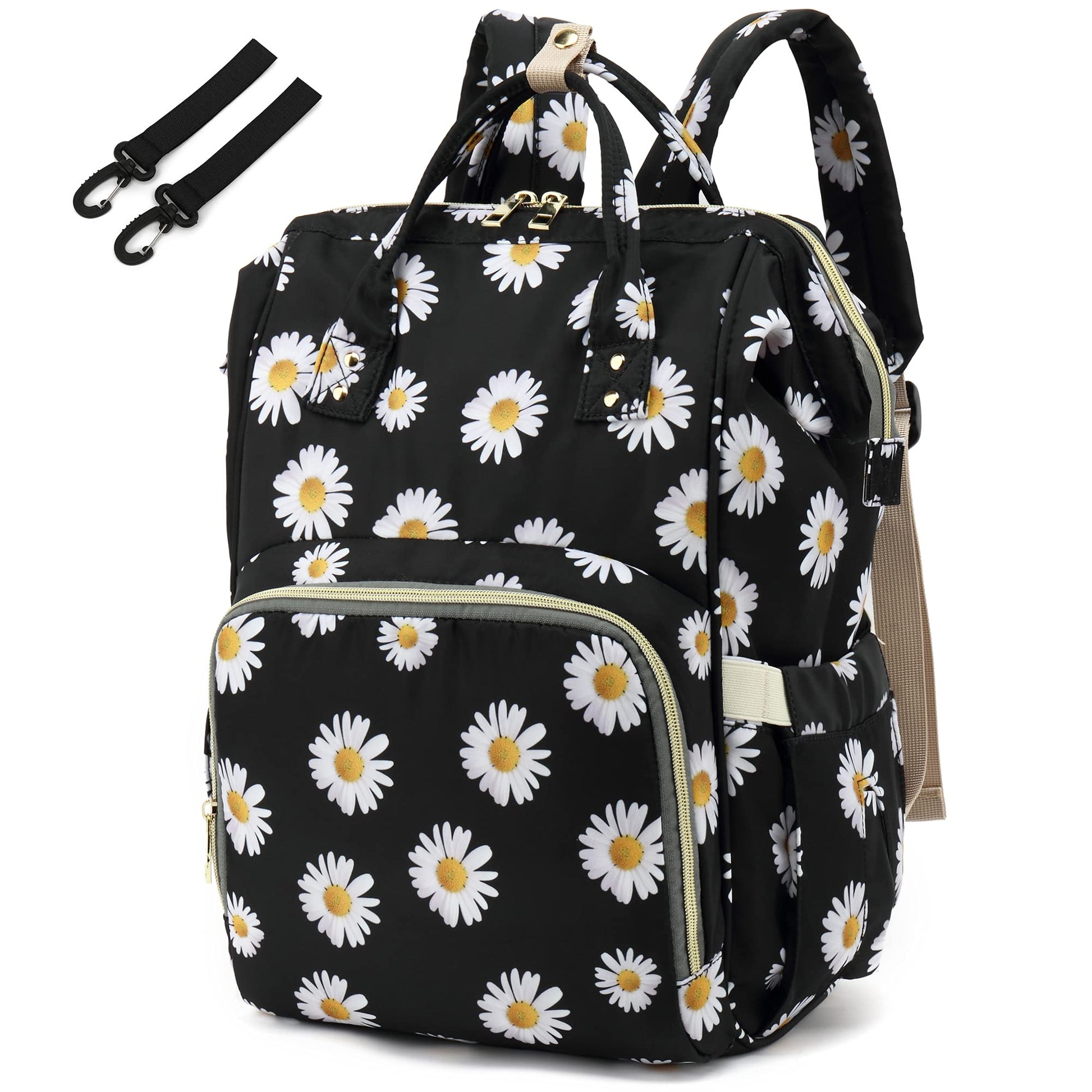 Yusudan Floral Diaper Bag Backpack For Baby Girls Boys, Flowers Mom Nappy Bags For Women (Daisy Black)