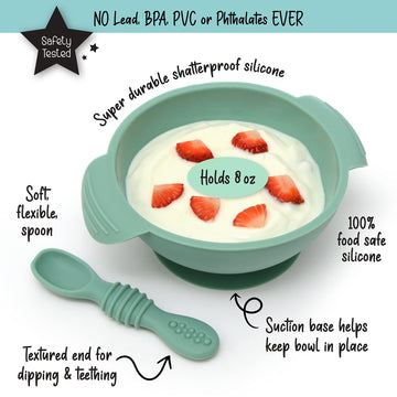 Primastella Unbreakable Silicone Non-Slip Bowl And Chew Spoon Set For Babies And Toddlers (Dark Green)