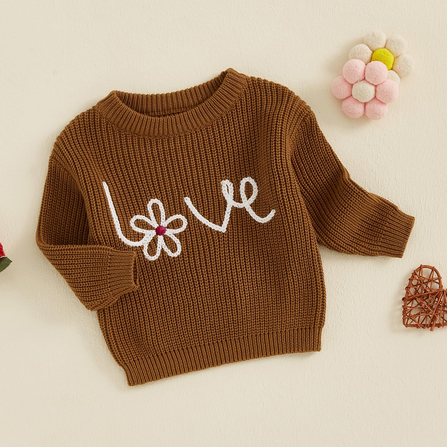 Nokpsedcb Baby Girl Cute Long Sleeve Heart Flowers Embroidery Oversized Sweater Toddler Valentine Outfit (Brown Love Flower, 3-4