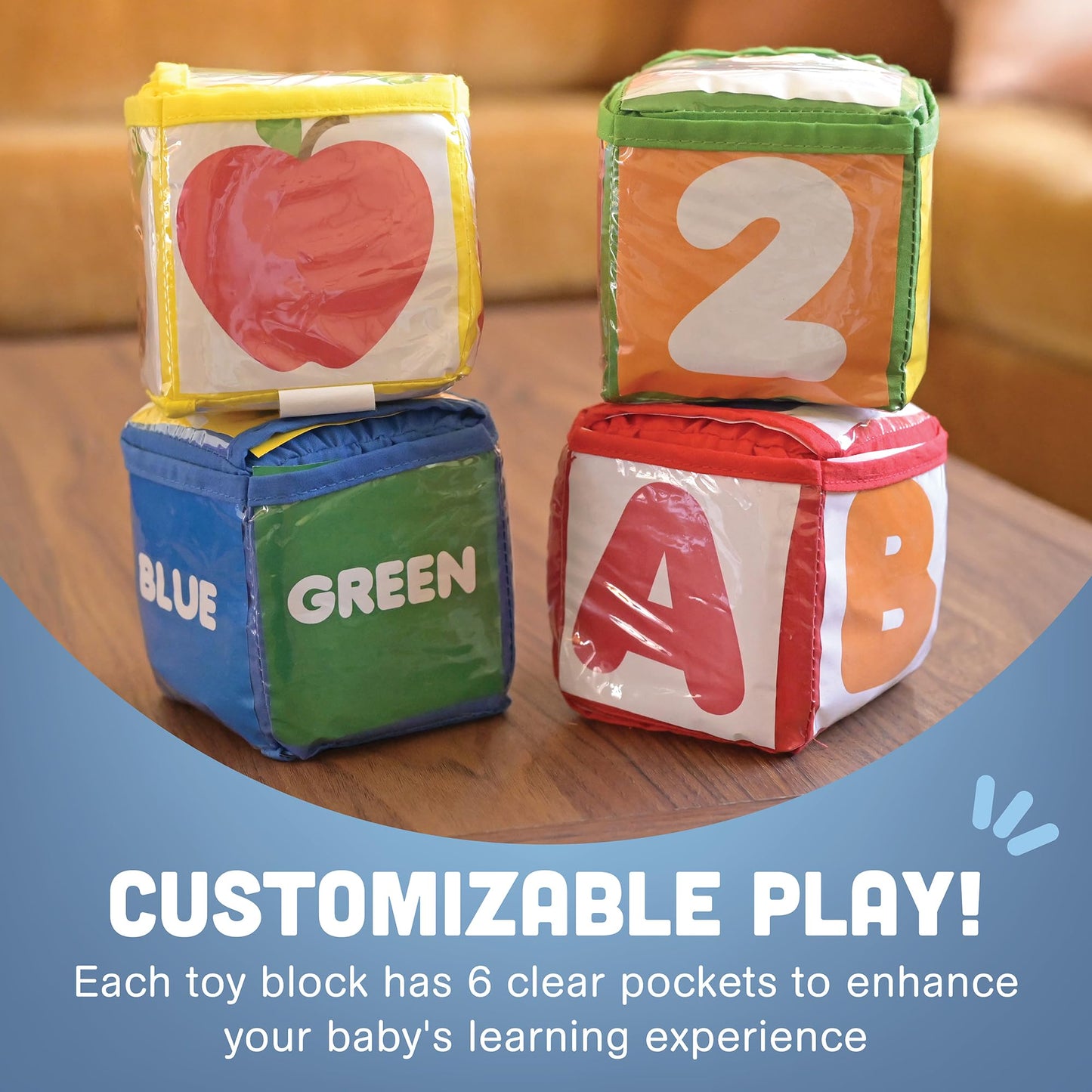Constructive Playthings Customizable Stacking Block Toys with Photo Pockets for Ages 12 Months+, Toddler Soft Foam Building Bloc