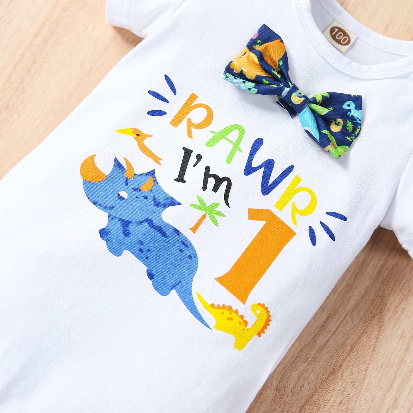Vivifayee Baby Boy First Birthday Outfit Dinosaur Halloween Short Sleeve Bowtie Rompers Shorts Set With Suspenders One Year Old