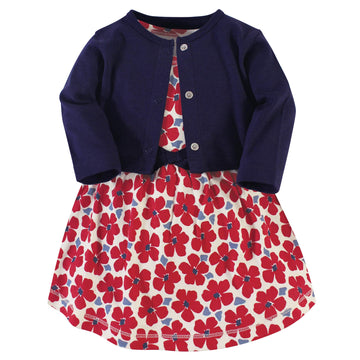Touched By Nature Baby Girls Organic Cotton And Cardigan Casual Dress, Red Flowers, 12-18 Months Us