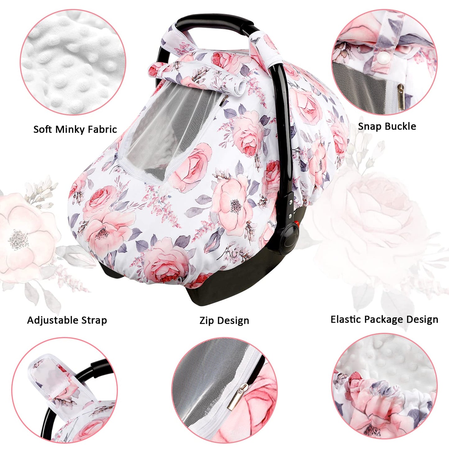 Car Seat Covers For Babies, Winter Carseat Cover Girls, Minky Infant Car Seat Canopy, Cozy & Warm Cover, Pink Floral
