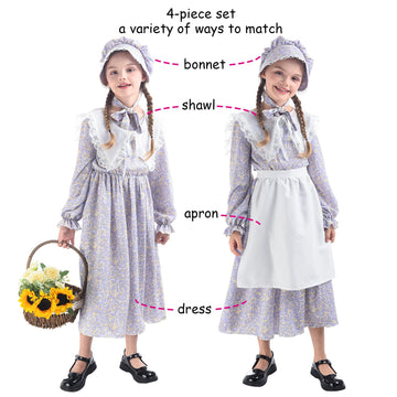 Ltakk Prairie Dresses Girls Pioneer Colonial Costume Girl Pilgrim Dress With Shawl, Apron And Bonnet, Blueviolet, Small, Age Ove