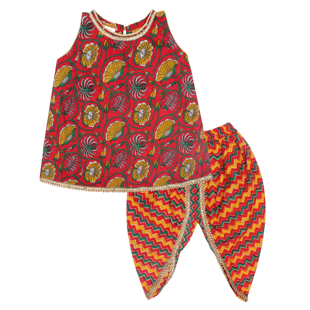 Superminis Cotton Baby Girls Sangakari Print A Line Style Sleeveless, Round Neck Kurti And Dhoti With Elastic Closure Ethnic Dre
