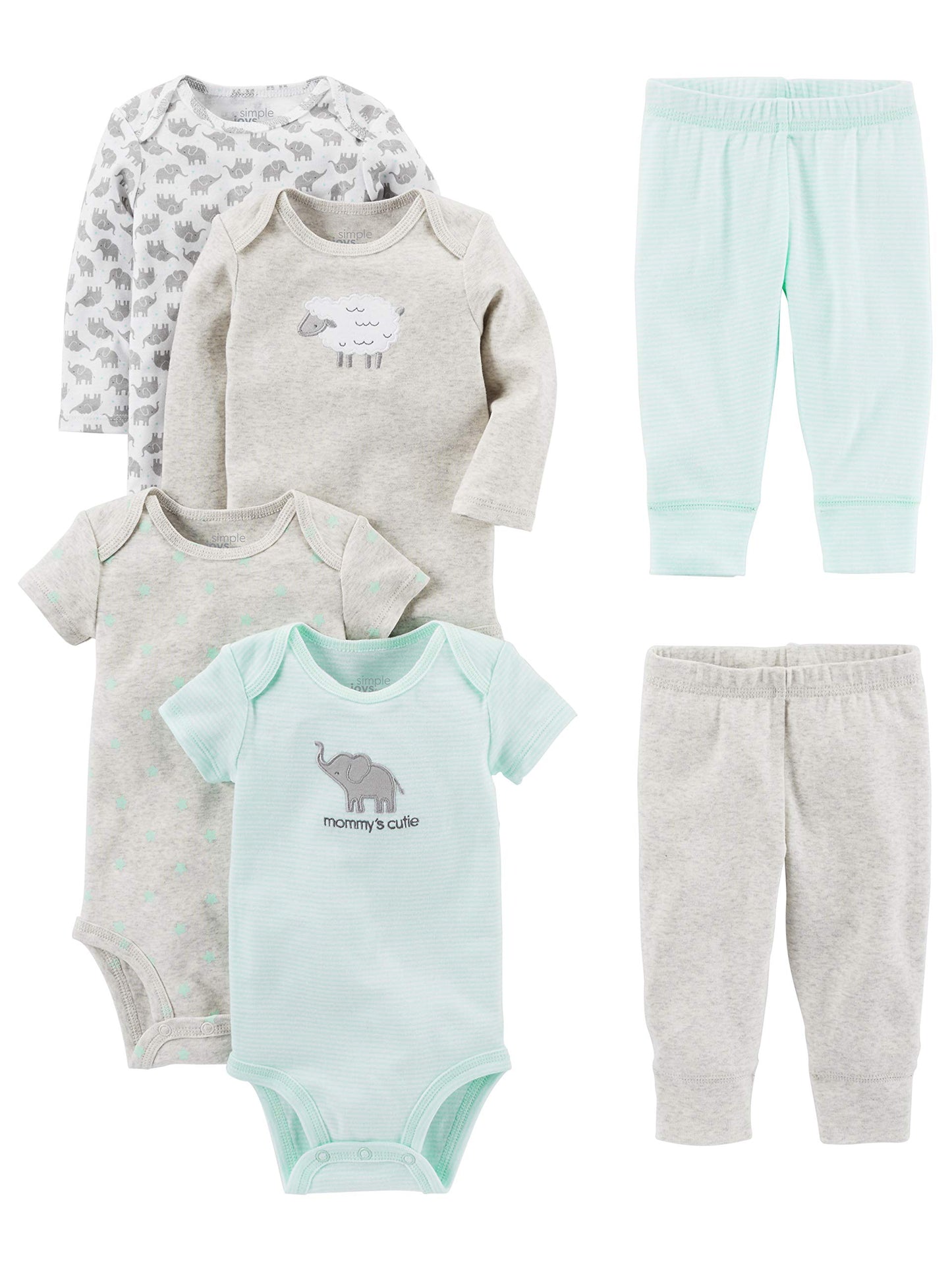Simple Joys Kids 6 piece Little Character sets Sleepwear, Grey Lamb, 6-9 Months