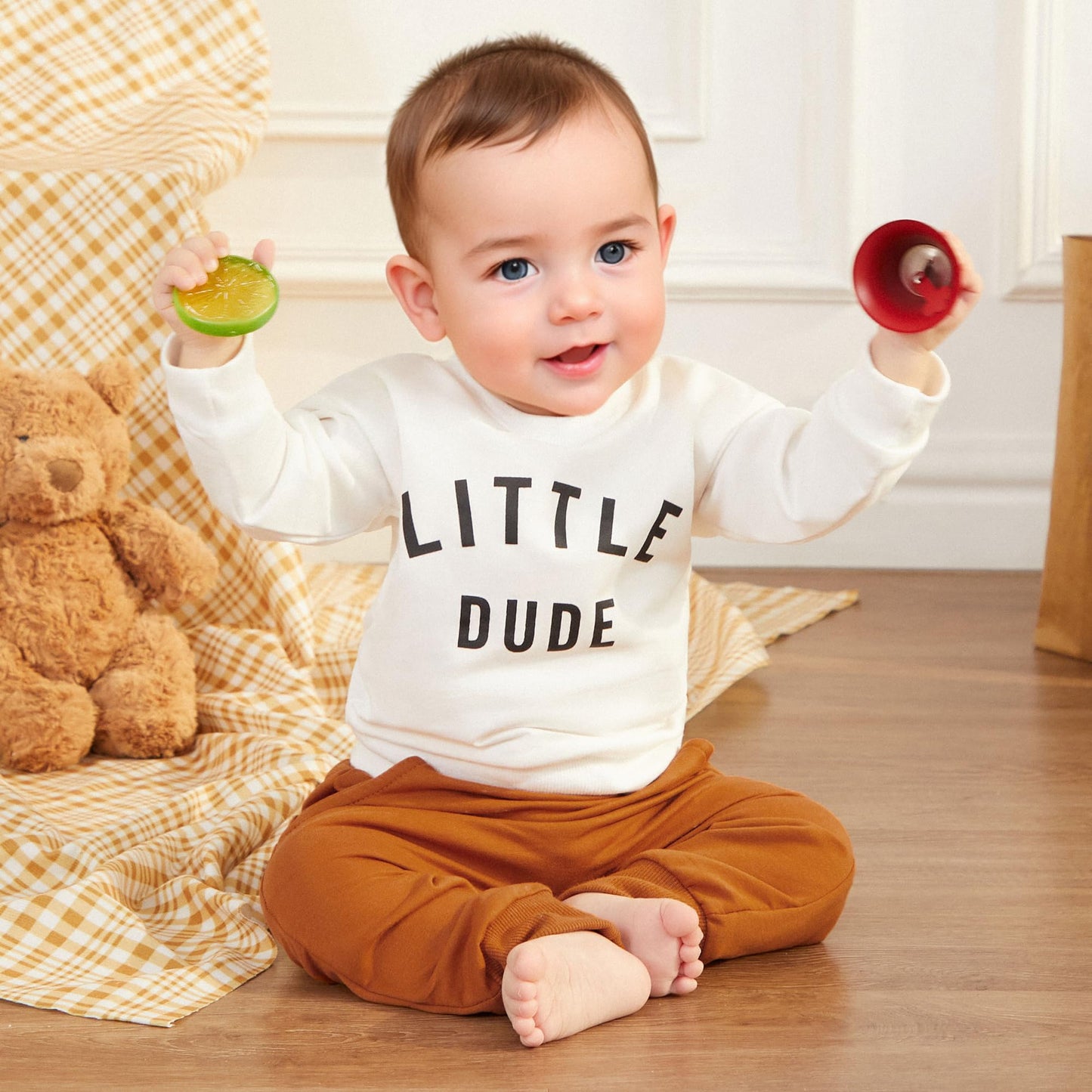 Toddler Baby Boy Fall Winter Outfits Letter Crewneck Sweatshirt Casual Pants 2Pcs Clothes Set White-Brown 12-18 Months