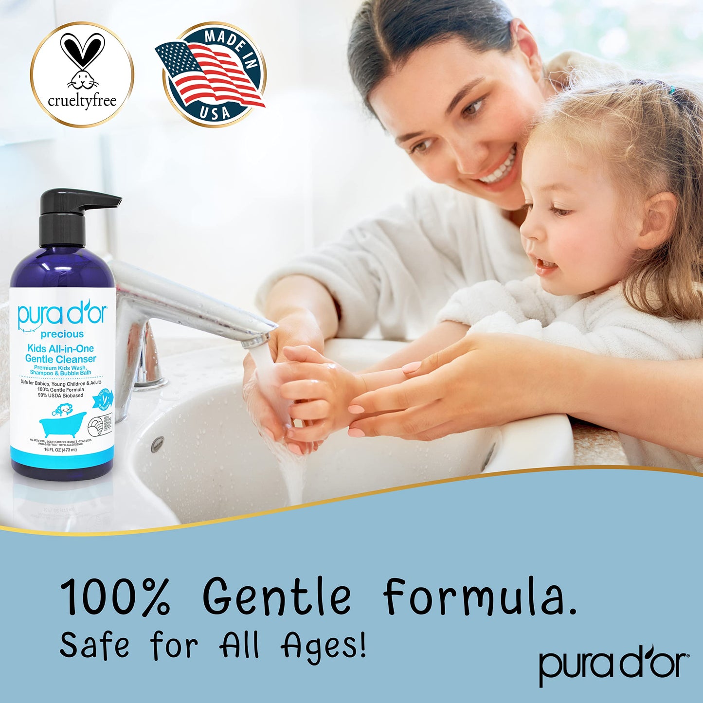 Pura D'Or Kids Wash (16Oz X 3 = 48Oz) All-In-One Gentle Cleanser - Usda Biobased, Sulfate-Free, Tear-Less, Hypoallergenic, Premi