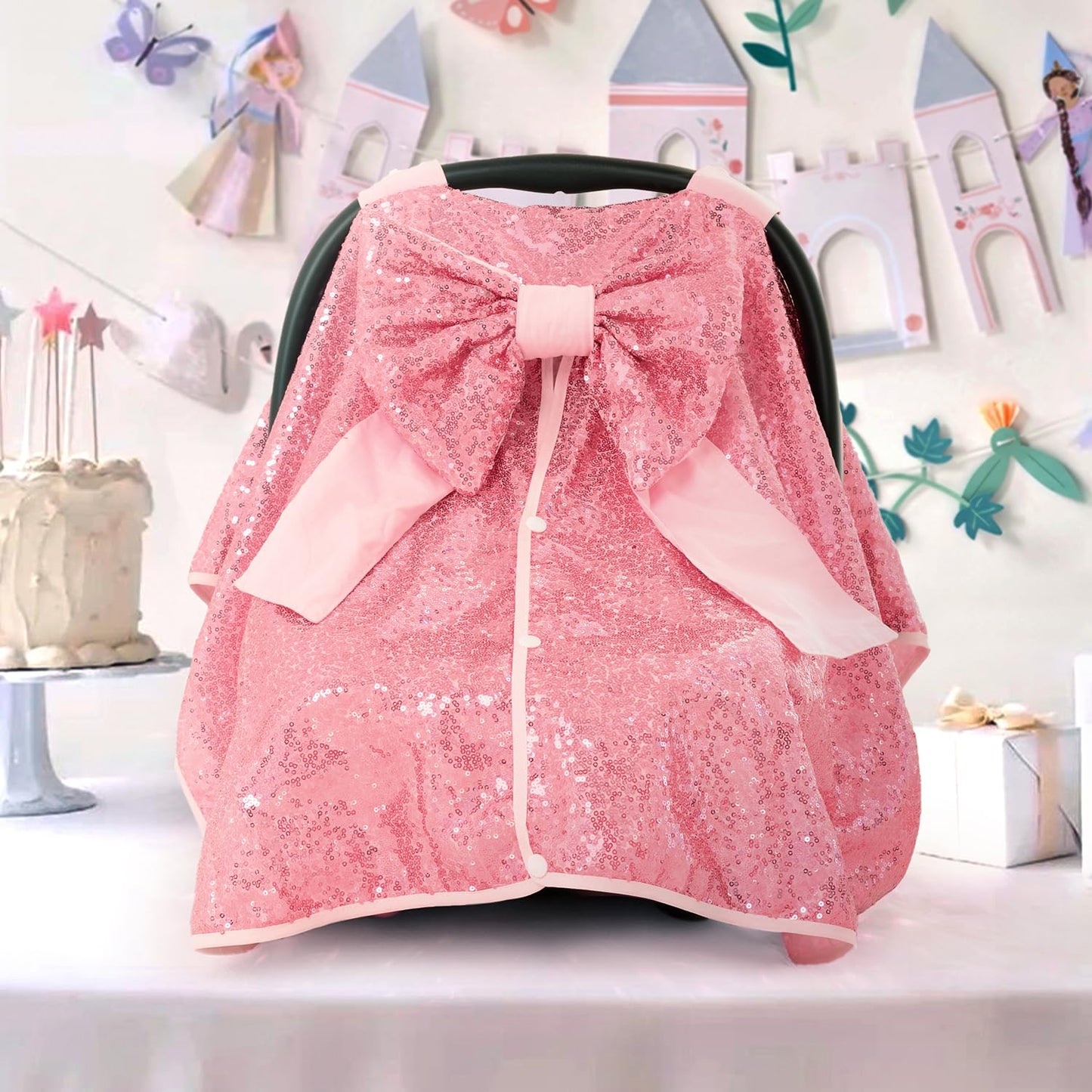 Baby Carseat Canopy Cover with Bow for Girls Boys with Bow Stroller and Cart Cover Carseat Nursing Cover Newborn Gift (Pink)