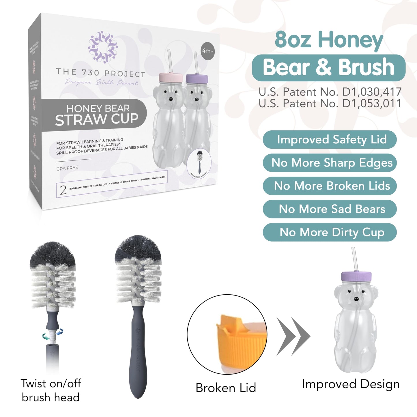 The 730 Project Honey Bear Straw Cup For Babies, 2-Pack Honey Bear Bottle With Travel Lid, Therapy Learning Honeybear Straw Cup,