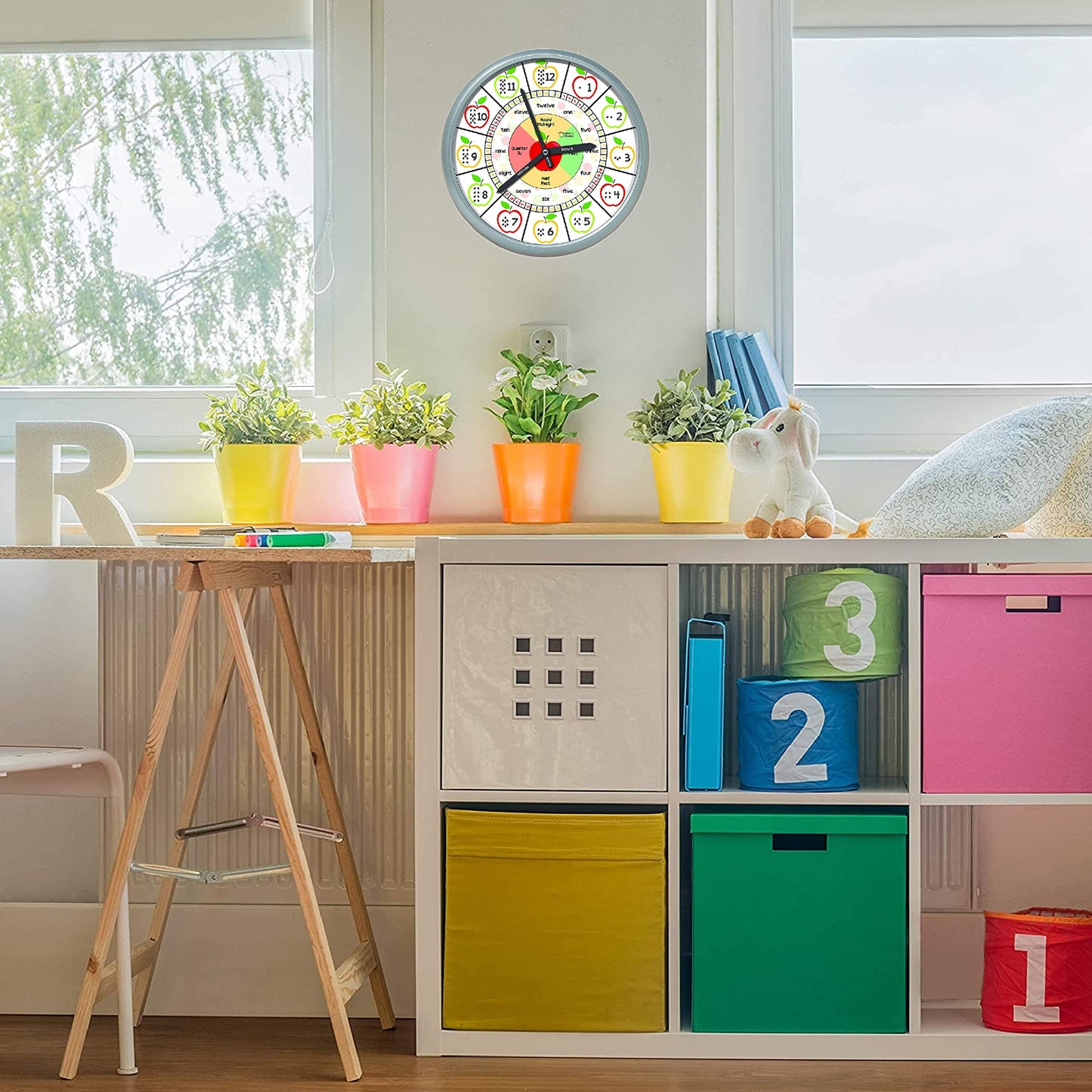 Educational Wall Clock - Silent Movement Time Teaching Clock for Teachers Classrooms and Kids Bedrooms (Silver/Multicolor Appl