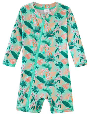 Umelok Infant Swimwear Girls One Piece Full Zip With Long Sleeve Upf 50+ Sun Protection Swimsuit Green-Banana Leaf,3M