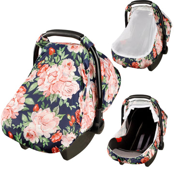 SWESEN Baby Car Seat Cover, Floral Car Seat Covers Canopy for Newborn, Soft Infant Carrier Covers with Breathable Mesh Window, P