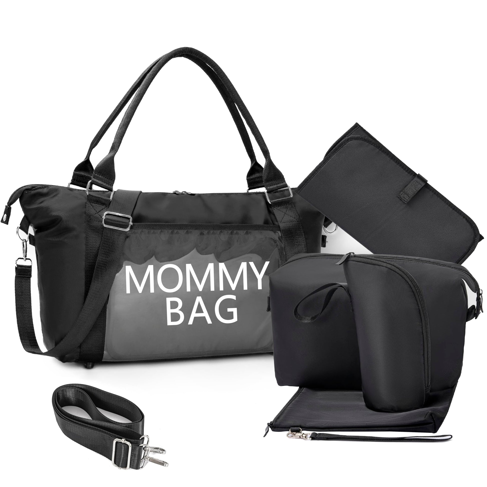 6pcs Large Diaper Bag Tote with Changing Pad & Toiletries/Baby Bottle Pouches, Baby Diaper Bag, Mommy Bag for Hospital Weekender