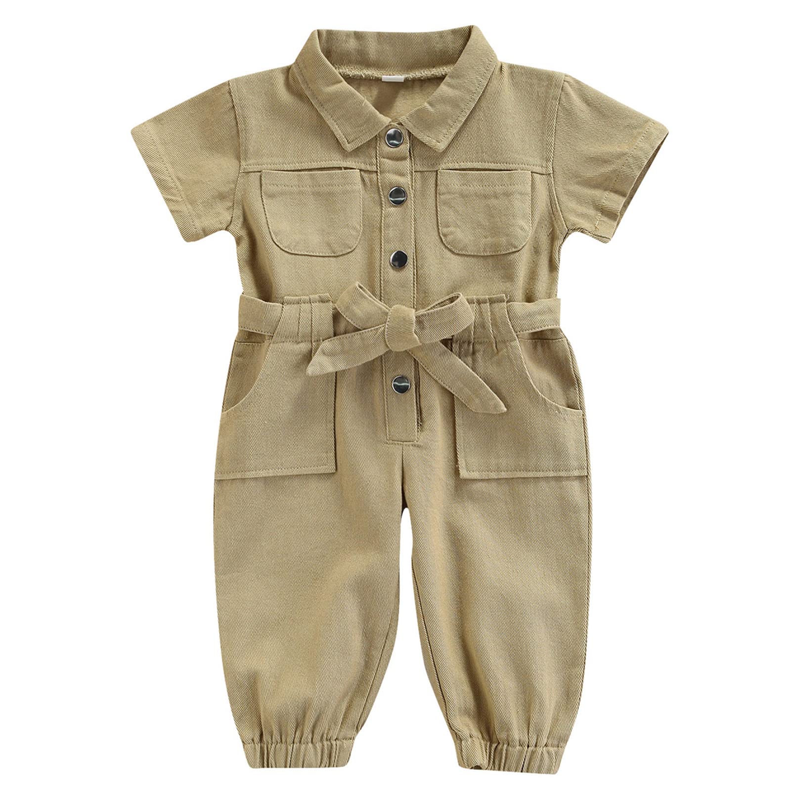Mubineo Toddler Baby Girl Summer Fall Basic Plain Short Sleeve Cotton Linen Drawstring Romper Jumpsuit (Y2 Khaki, 12-18 Months)