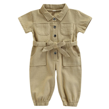 Mubineo Toddler Baby Girl Summer Fall Basic Plain Short Sleeve Cotton Linen Drawstring Romper Jumpsuit (Y2 Khaki, 12-18 Months)