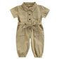 Mubineo Toddler Baby Girl Summer Fall Basic Plain Short Sleeve Cotton Linen Drawstring Romper Jumpsuit (Y2 Khaki, 18-24 Months)