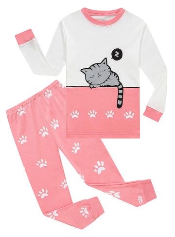 Cat Little Girls Long Sleeve Pajama Sets Kids Cotton Pjs Size 5